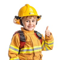sorridente pequeno Garoto vestindo bombeiro uniforme em pé com mão gesto dando polegar acima lado Visão isolar em transparência fundo png