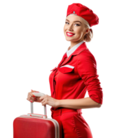 Smiling female flight attendant standing with travel suitcase side view isolate on transparency background png