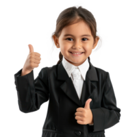 Smiling little girl wearing lawyer uniform standing with hand gesture giving thumb up isolate on transparency background png