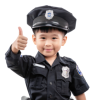sourire peu garçon portant police uniforme donnant pouce en haut de face vue isoler sur transparence Contexte png