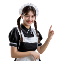Smiling young attractive female in maid custome with hand gesture pointing something front view isolate on transparency background png