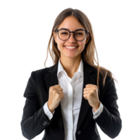 Young business woman with clenching fists gesture and celebrating success front view isolate on transparency background png