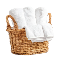 Three white hand towels in a wicker basket side view isolate on transparency background png