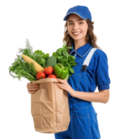 Smiling delivery woman with blue uniform holding a shopping bag full of vegetable side view isolate on transparency background png