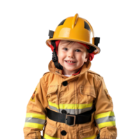 Smiling little boy wearing firefighter uniform standing front view isolate on transparency background png