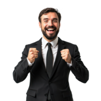 Businessman with clenching fists gesture and celebrating success front view isolate on transparency background png