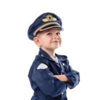Smiling little boy wearing pilot uniform standing side view isolate on transparency background png