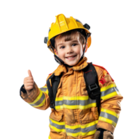 Smiling little boy wearing firefighter uniform standing with hand gesture giving thumb up front view isolate on transparency background png