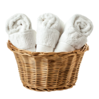 Three white hand towels in a wicker basket isolate on transparency background png
