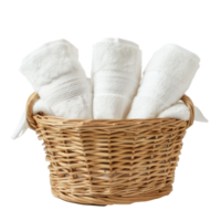 Three white hand towels in a wicker basket front view isolate on transparency background png