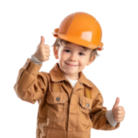 Smiling little boy wearing hard hat construction worker uniform standing with hand gesture giving thumb up isolate on transparency background png