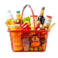 Shopping basket with variety of grocery products side view isolate on transparency background png