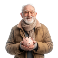 Smiling senior man holding piggy bank front view isolate on transparency background png