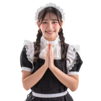 Smiling young attractive female in maid custome greeting gesture isolate on transparency background png