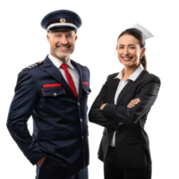 Friendly smiling pilot and flight attendant standing isolate on transparency background png