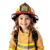 Smiling little girl wearing firefighter uniform standing front view isolate on transparency background png
