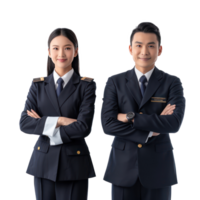 The pilot and flight attendant standing front view isolate on transparency background png