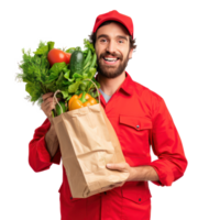 Smiling delivery man with red uniform holding a shopping bag full of vegetable isolate on transparency background png