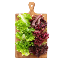 Sliced Green and Red Leaf Lettuce on chopping board isolate on transparency background png
