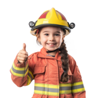 Smiling little girl wearing firefighter uniform standing with hand gesture giving thumb up front view isolate on transparency background png