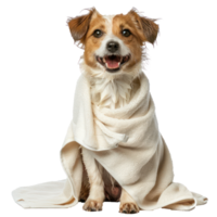 Smiling cute dog sitting with wrap in towel after bathing front view isolate on transparency background png