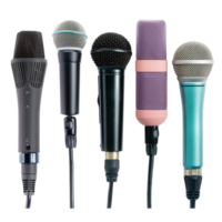 Different type of microphones ready for your audience front view isolate on transparency background png