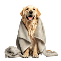 Smiling cute dog sitting with wrap in towel after bathing front view isolate on transparency background png