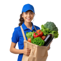 Smiling delivery woman with blue uniform holding a shopping bag full of vegetable isolate on transparency background png