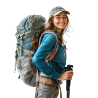 Smiling hiker woman carrying backpack side view isolate on transparency background png