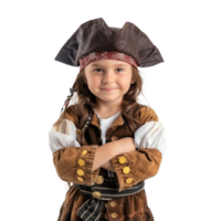 Smiling little girl wearing pirate uniform with hand gesture front view isolate on transparency background png