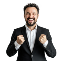 Businessman with clenching fists gesture and celebrating success front view isolate on transparency background png