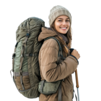 Smiling hiker woman carrying backpack side view isolate on transparency background png