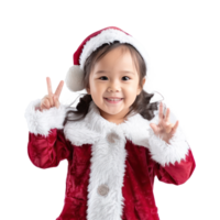 Smiling little girl in a Santa Claus costume with hand gesture front view isolate on transparency background png