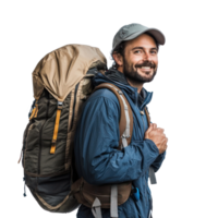 Smiling hiker man carrying backpack side view isolate on transparency background png