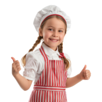Smiling little girl wearing hostess uniform with hand gesture giving thumb up side view isolate on transparency background png