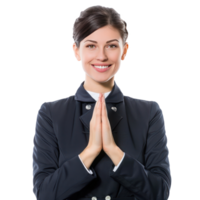 Smiling air hostess woman greeting with respect palm joint gesture isolate on transparency background png
