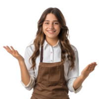 Smiling female receptionist in uniform hand presenting something front view isolate on transparency background png