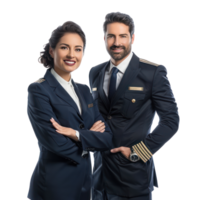 Friendly smiling pilot and flight attendant standing isolate on transparency background png