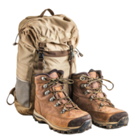 hiking boots and backpack front view isolate on transparency background png