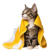 Smiling cute cat wrap in towel after bathing side view isolate on transparency background png