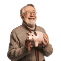 Smiling senior man holding piggy bank side view isolate on transparency background png