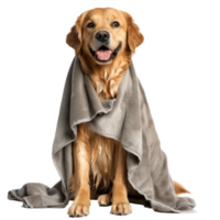 Smiling cute dog sitting with wrap in towel after bathing isolate on transparency background png