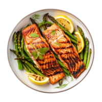 grilled salmon and asparagus on a plate with lemon slices isolate on white background png