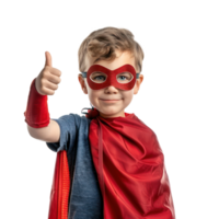 little boy wearing superhero red cape and mask with hand gesture giving thumb up front view isolate on transparency background png