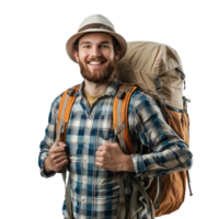 Smiling hiker man carrying backpack front view isolate on transparency background png