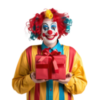 Smiling clown person holding a gift box front view isolate on transparency background png