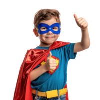 little boy wearing superhero red cape and mask with hand gesture giving thumb up side view isolate on transparency background png