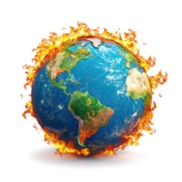 globe earth on fire climate change concept map front view isolate on transparency background png