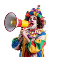 Friendly smiling person in clown costume holding megaphone front view isolate on transparency background png