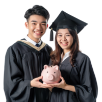 Smiling young man and woman wearing graduation gown uniform standing with hand holding piggy bank side view isolate on transparency background png